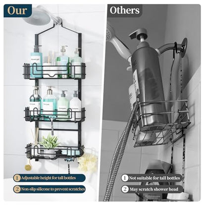 Consumest Shower Caddy Hanging – Rustproof Over Shower Head Hanger with Soap Holder and Hooks, Anti-Slip Shower Shelves for Storage, Bathroom Organizer for Apartment, Dorm, Black