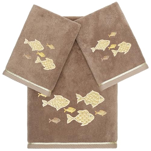 Treasure 3-Piece Towel Set, Embroidered Fish Design, 100% Turkish Cotton, Luxuriously Soft & Absorbent, Elegant Coastal Decor, 1 Bath 2 Hand Towels, Cocoa - color: Cocoa, size: 1 Pc Bath 2 Pcs Hand Towel
