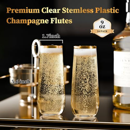 24 Pack Gold Rim Stemless Champagne Flutes, 9 oz Clear Disposable Plastic Glasses, Heavy Duty Shatterproof Recyclable Mimosa Glasses for Party Wine Tasting Wedding New Years Eve Party Supplies - color: Gold RIm, size: 24-Pack