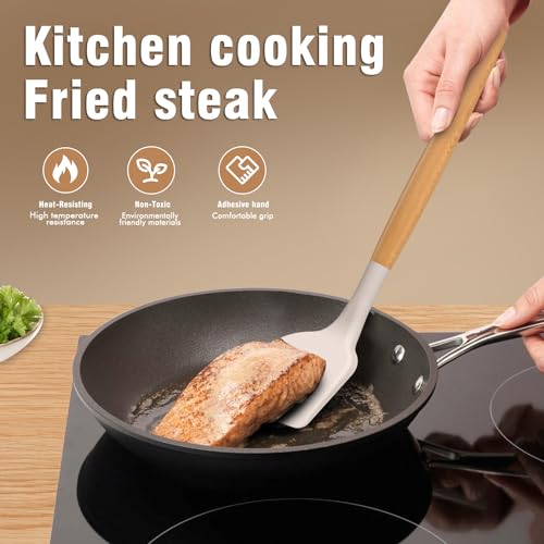 Silicone Cooking Utensils Set - AVGPD Silicone Kitchen Utensils for Cooking Wooden Handles, 446°F Heat Resistant Kitchen Utensil Spatula Sets w Holder, Gadgets for Non-Stick Cookware BPA FREE (Khaki) - color: Khaki