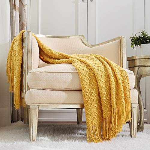 CREVENT Knitted Decorative Throw Blanket for Couch Sofa Chair Bed，Soft Warm Cozy Light Weight for Spring Summer (50''X60'' Mustard Yellow) - color: Yellow, size: 50inchx60inch