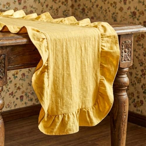 HunnmingRe Yellow Ruffled Table Runner 72 inch Scalloped Table Runner Cotton Flounces Washable Shabby Farmhouse Rustic Home Kitchen Decoration for Wedding Rectangle Bride Shower Christmas Party - color: Yellow, size: 14 x 72 Inch