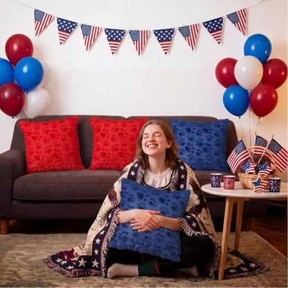 Tiamon 4 Pcs Patriotic 4th of July Throw Pillow Covers 18 x 18 Inch Pet Paw Prints Plush 3D Embroidered Pillow Cases Red Blue Pet Dog Cat Paw Cushion Covers for Independence Day Decor Sofa Bed - style: Paw Print