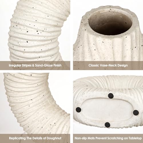 White Donut Vase with Stripes Texture, Modern Abstract Ceramic Vase for Flowers, Clay Pottery with Natural Speckles for Home Living Room Mantel Shelf & Office Table Decor, Boho Style & Set of 2 - style: Long-Neck
