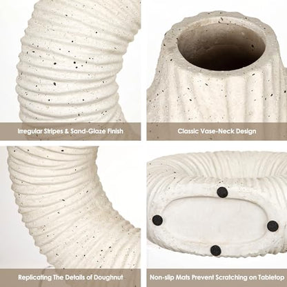 White Donut Vase with Stripes Texture, Modern Abstract Ceramic Vase for Flowers, Clay Pottery with Natural Speckles for Home Living Room Mantel Shelf & Office Table Decor, Boho Style & Set of 2 - style: Long-Neck
