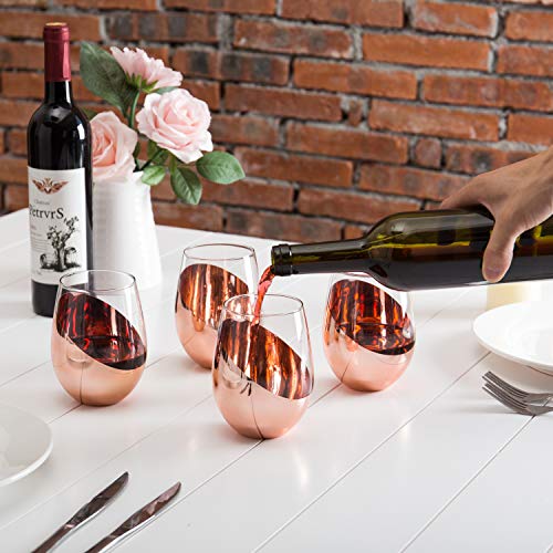MyGift Stemless Wine Glasses Set of 4 - Copper Accent Modern Barware, Elegant Wedding & Celebration Cups with Luxe Metallic Finish, Dishwasher Safe - color: Copper-4