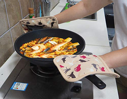 Pot Holders Set of 2,Non Slip Clear Silicone Printed Potholdes | Resistant 480 ℉,Comfortable Cotton Lining Kitchen Women Men Cooking Baking Microwave (Cat, Khaki Potholders) - color: Cat, Khaki Potholders