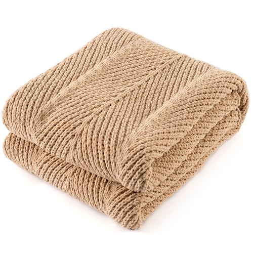 Chunky Chenille Knit Throw Blanket for Couch 60"x80" | Soft Fuzzy knitted Luxurious Decorative Thermal Warm Farmhouse for Bed Sofa Chair Gift Camel - color: 11-camel Herringbone, size: 60"x80"