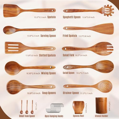 Mooues Wooden Kitchen Utensil Set, 15 Piece Natural Teak with Spoon Rest | Wooden Cooking Utensils with Comfort Grip, Smooth Durable Heat Resistant Cooking Spoons and Utensils Holder for Cooking - size: 15 PCS Set