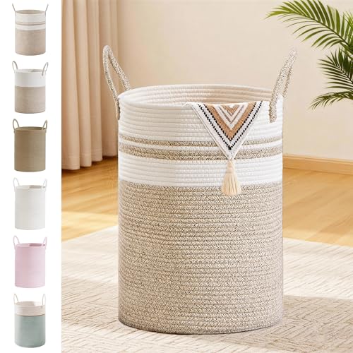 100L Extra Large Tall Cotton Rope Laundry Basket with Handle, White & Brown | Storage Bin for Clothes, Blankets & Kids Toys, Boho Woven Hamper, Portable Organizer for Nursery, Bedroom, Living Room - color: Brown & White, size: 100L