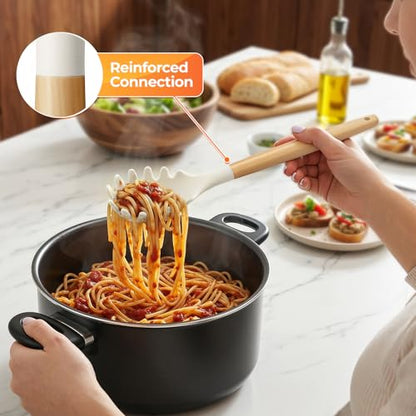 33Pcs Kitchen Utensils Set Silicone Cooking Utensils Set with Wooden Handle | Heat-Resistant, Dishwasher Safe, BPA-Free Silicone Kitchen Utensil Set with Wooden Handles & Holder for Nonstick Cookware - color: White