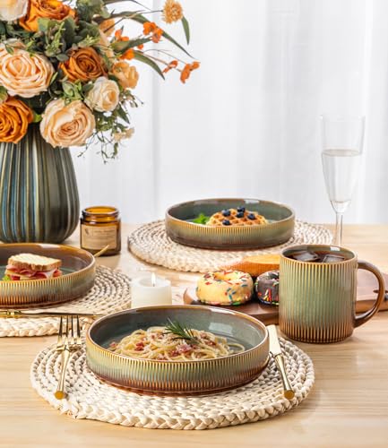 7.5" Ceramic Pasta Bowls Set of 4, Salad Bowls | Versatile Serving Bowls for Pasta, Salad, Fruit & Noodles, Housewarming & Wedding Gift, Sage Umber - color: Sage Umber, size: 7.5 Inch