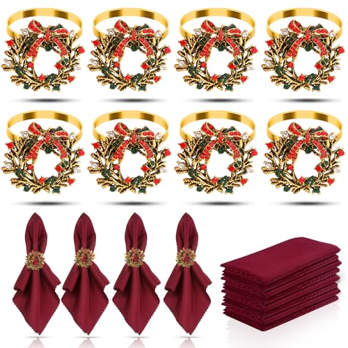 KPOSIYA 16pcs Christmas Wreath Napkin Rings Set of 8 and 8 Christmas Napkins Cloth, Napkins holdes for Dinning Table Setting Decoration, Xmas Dinner Tables Rings for Winter Party - size: 8pcs, style: Xmax Garland & Cloth