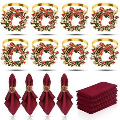 KPOSIYA 16pcs Christmas Wreath Napkin Rings Set of 8 and 8 Christmas Napkins Cloth, Napkins holdes for Dinning Table Setting Decoration, Xmas Dinner Tables Rings for Winter Party - size: 8pcs, style: Xmax Garland & Cloth