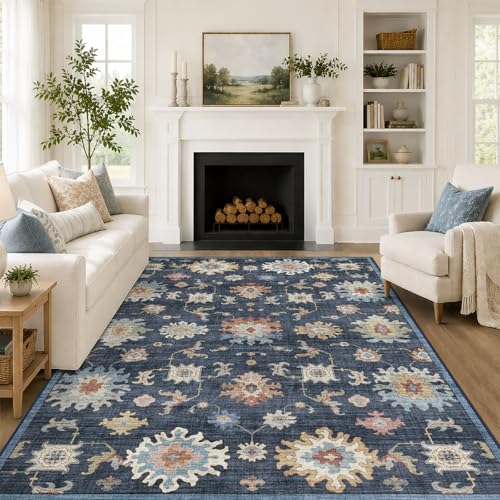 BLISSA Washable 5x7 Area Rug Blue Multi Oushak Print Non-Slip Bedroom Rug | Soft Oriental Ultra-Thin Distressed Boho Vintage Carpet for for Living Room Dining Room Nursery Playroom Home Office - color: Denim Blue Multi, size: 5' x 7' (Rectangular)