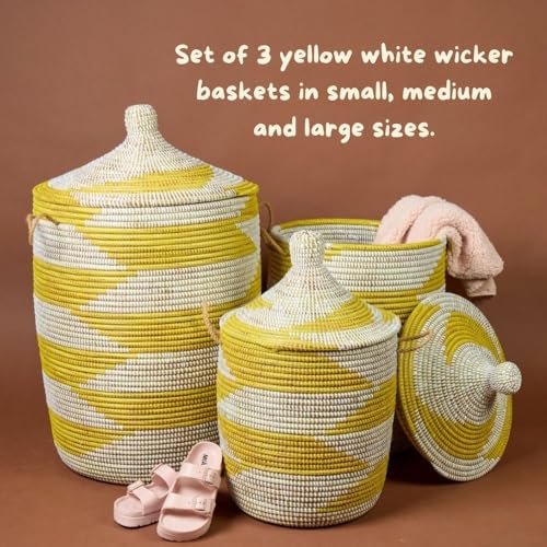 Large Wicker Basket, Yellow and White, 18 Inch Wide, 23 Inch Tall - color: Yellow White