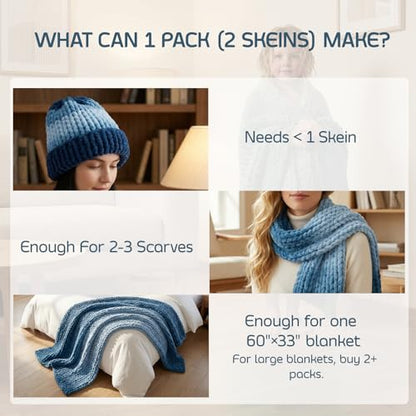 Beginner Chunky Yarn for Hand Knitting Ombre Blankets, Plush Chenille Fade | Long-fade ombre chenille chunky yarn - #7 Jumbo - 42oz/1200g - 162 Yards - Deep Sea Blue - color: Deep Sea Blue (0.8" Thick)
