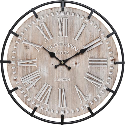 EMAX HOME 12 Inch Farmhouse Wall Clock Rustic Antique Wood with Metal Circle and Large Engraved Numerals, Silent Battery Operated Wall Clock for Office Kitchen Bedroom Living Room - color: Brown, size: 12 Inch Roman numerals