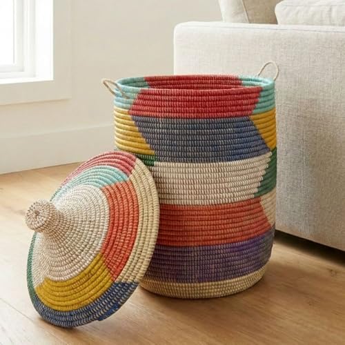 Decorative African Hooded Basket with Lid and Handles, 15" Wide, 19" Tall (Colorful) - color: Colorful