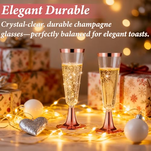 GuanQiao 100 Pack Plastic Champagne Flutes with Rose Gold Rim Pink Bottom, 5.5 Oz Clear Disposable Plastic Champagne Glasses, Wine Glasses Cups for Wedding Celebration New Years Eve Party Supplies - color: Pink Bottom Pink Rim, size: 100-Pack
