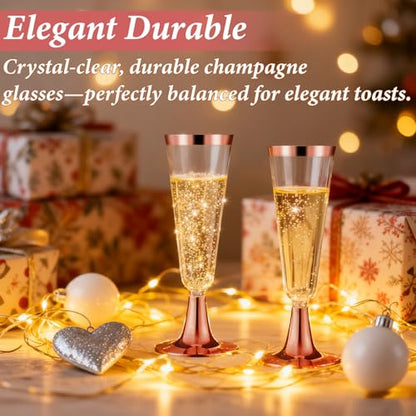 GuanQiao 100 Pack Plastic Champagne Flutes with Rose Gold Rim Pink Bottom, 5.5 Oz Clear Disposable Plastic Champagne Glasses, Wine Glasses Cups for Wedding Celebration New Years Eve Party Supplies - color: Pink Bottom Pink Rim, size: 100-Pack
