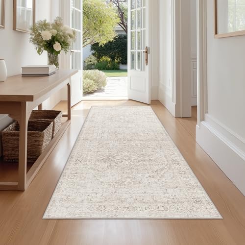 FMFUNCTEX 2x6 Hallway Runner Rug Washable Beige Neutral Oriental Distressed | Cream Vintage Pattern Soft Non Slip Low Pile Thin Indoor Throw Carpet Entryway Entry Kitchen Bedroom Bathroom Laundry Bedside - color: Beige, size: 2' x 6' (Rectangular)
