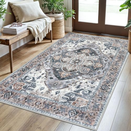 SIILOOM 3x5 Washable Area Rug Non Slip Door Mat Indoor for Entryway Bedside | Soft Boho Vintage Spill & Stain Resistant Low Pile Carpet for Kitchen Front Backdoor Bedroom, Easy Clean - color: Ash Taupe Blue, size: 3' x 5' (Rectangular)