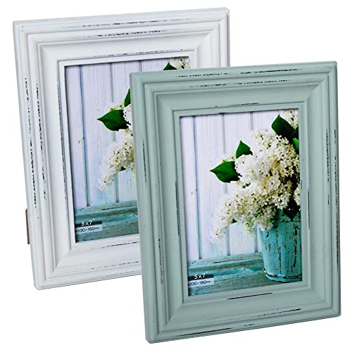 Buecasa Rustic 5x7 Inches Wooden Picture Frame Pack of 2 Vintage Cyan and White in Gift Box - Distressed Wood High Definition Glass Photo Frame Outside 7.9x9.9 Inches - 2 Way Display Tabletop or Wall - color: 5x7 inches photo
