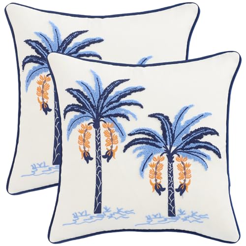 Embroidered Throw Pillow Covers 18x18 Pack of 2 Blue Palm Tree | Ocean-Themed,Durable Fabric,Square Pillow Cover,Boho Decorative,Hidden Zipper,Aesthetic Design,Ideal Gift,Machine Washable - color: Blue Palm Tree