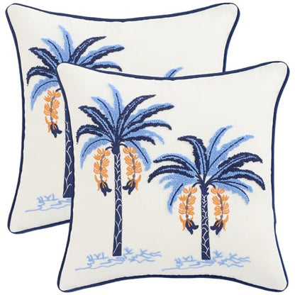 Embroidered Throw Pillow Covers 18x18 Pack of 2 Blue Palm Tree | Ocean-Themed,Durable Fabric,Square Pillow Cover,Boho Decorative,Hidden Zipper,Aesthetic Design,Ideal Gift,Machine Washable - color: Blue Palm Tree