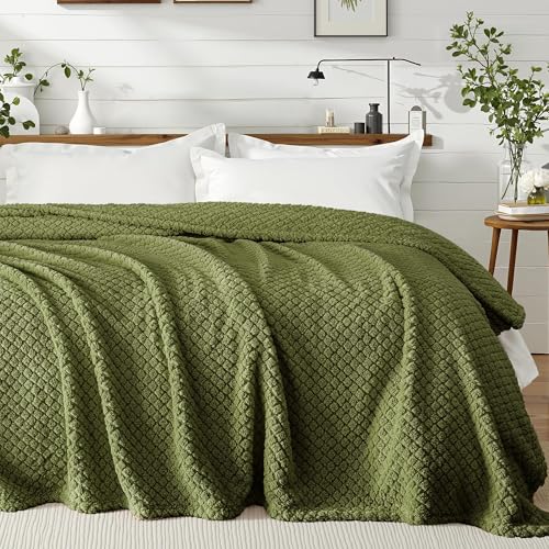 Exclusivo Mezcla Soft Fleece Queen Size Blanket for Bed, Olive Green | Jacquard Lightweight Cozy Bed Blanket, Breathable Decorative Fuzzy Textured All Season Use, 90x90 Inches - color: Olive Green, size: Queen ( 90x90 IN )