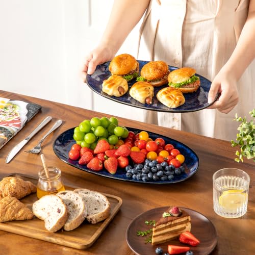 vancasso Ceramic Serving Platters Set of 3, Oval 16/14.7/13.5 Inch Stoneware Serving Dishes for Entertaining, Microwave Safe Serving Trays for Food, Turkey, Cheese, Party, Reactive Glaze Navy Blue - color: Navy Blue