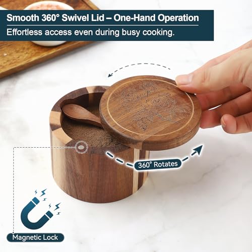Salt Cellar, 2PCS Salt Container Acacia Wood Salt and Pepper Box for Countertop with Built-in Spoon & Swivel Lid, Wood Salt Holder Bowl for Kitchen, Seasoning Storage (Rose & Bird Engraving) - color: Acacia Wood Rose and Bird Set