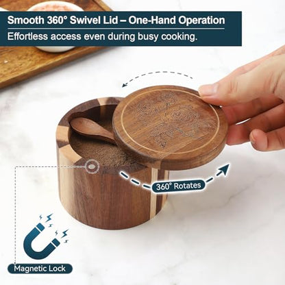 Salt Cellar, 2PCS Salt Container Acacia Wood Salt and Pepper Box for Countertop with Built-in Spoon & Swivel Lid, Wood Salt Holder Bowl for Kitchen, Seasoning Storage (Rose & Bird Engraving) - color: Acacia Wood Rose and Bird Set