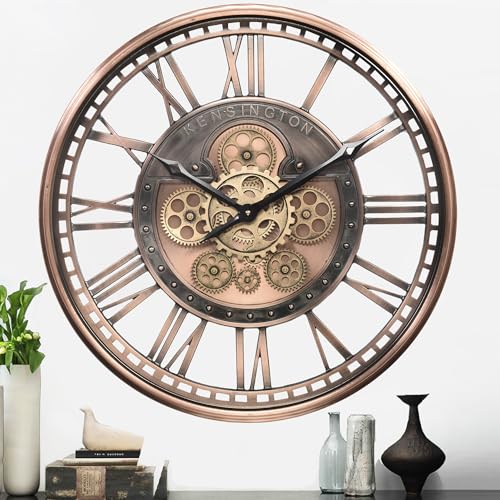 21" Metal Roman Numeral Wall Clock with Moving Gears,Copper | SIilent Non Ticking, Aluminum Dial, Unique Modern Wall Clock for Living Room, Dinning Room, Entryway & Home Office - color: Roman Copper, size: 21"
