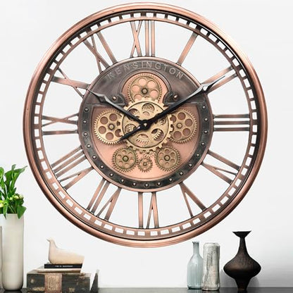 21" Metal Roman Numeral Wall Clock with Moving Gears,Copper | SIilent Non Ticking, Aluminum Dial, Unique Modern Wall Clock for Living Room, Dinning Room, Entryway & Home Office - color: Roman Copper, size: 21"