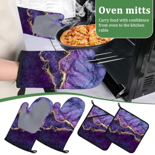 Purple Gold Marble Oven Mitts and Pot Holders Sets 4 Pcs Silicone Kitchen Gloves Heat Resistant Potholders for Baking Grilling BBQ - color: Purple Marble