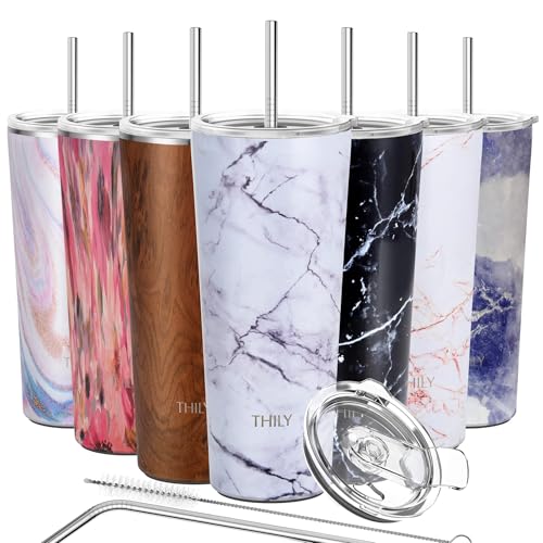 THILY Stainless Steel Vacuum Insulated Tumbler Travel Mug 26 oz Coffee Cup with 2 Lids and Straws, Splash Proof, Keep Ice Drinks Cold, White Marble - color: White Marble, size: 26 Ounce (Pack of 1)