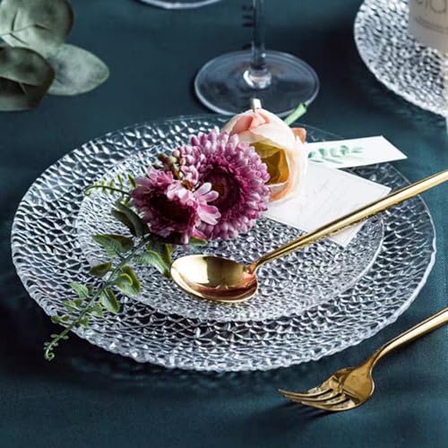Glass Salad Plates Set of 4, 7inch Crystal Clear Tableware for Dessert, Appetizer, Fruit, Snack, Dishwasher Safe and Stackable, Snowflake Textrued Glass Design (4pcs) (7inch, 4pcs) - color: 7inch, size: 4pcs