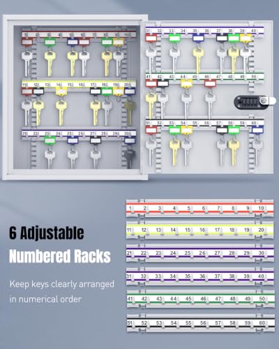 Uniclife 60 Position Steel Key Cabinet with Combination & Key Lock, White | Wall mount key lock box, resettable 4-digit code lock, 2 backup keys, thickened steel, large capacity, adjustable rack&labels - color: White, size: 60 Keys
