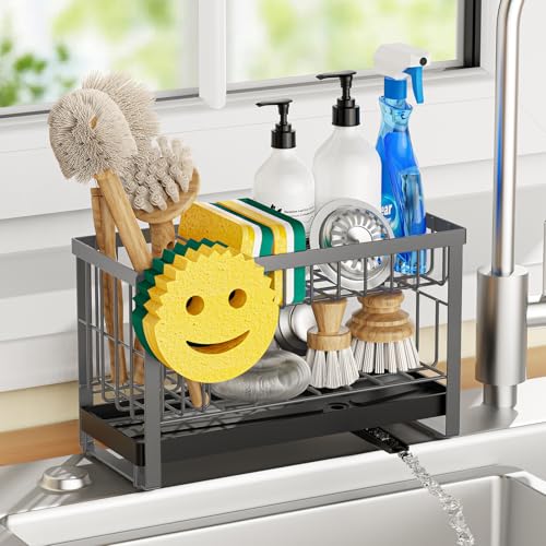 Sponge Holder for Kitchen Sink with Flexible Smiley Face, 2 Tier Kitchen Sink Organizer, Countertop and Storage Essentials, Soap Dispenser Organizer, Home Decor Accessories - Gray - color: 2 Tier Gray