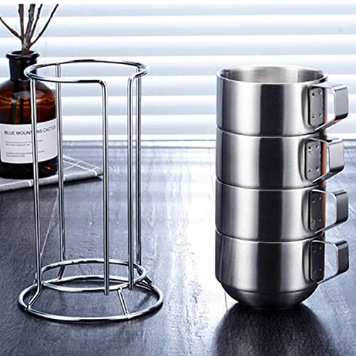 SZCXTOP 6.8 Oz Stainless Steel Coffee Cups Set of 4 Mug,Stackable Double Heat Insulation Metal Coffee Mugs with Stand Rack,Perfect for Cold Drinks or Hot Drink (4)