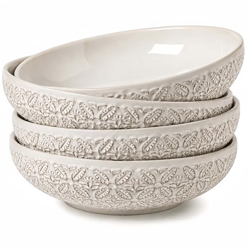 22 Oz Pasta Bowls Set of 4, Large Ceramic Serving Bowls, 8 inch Porcelain Embossed Bowl for Salad, Soup, Fruit, Rice, Desserts, Ramen, Housewarming Present, Kitchen Decor, Dishwasher Safe - color: Floral 1