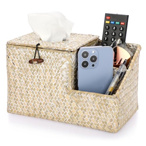 Sumnacon Tissue Box Cover-Square Woven Tissue Box Organizer for Desk Rustic Seagrass Tissue Box Holder with Side Organizer Decorative Cube Tissue Cover for Bathroom Home Office Table Counter Whitewash - color: Whitewash