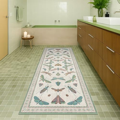 Washable Non Slip Bathroom Runner Rug 2x5, Insect Boho Bath Mat, Stain Resistant Low Pile Butterfly Insect Print Rugs for Laundry Room, Powder Room, Beige Green - color: Beige Green, size: 2' x 5' (Runner)