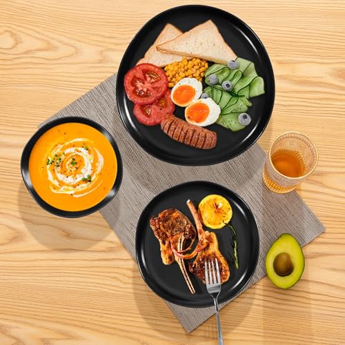 Herogo 12Pcs Plates and Bowls Set for 4, Irregular Handmade Stoneware Dinnerware, Crack and Scratch Resistant, Microwave & Dishwasher Safe, Reactive Glaze, Artistic Rustic Tableware, Matte Black - color: Matte Black, size: 4 Set (12pcs)