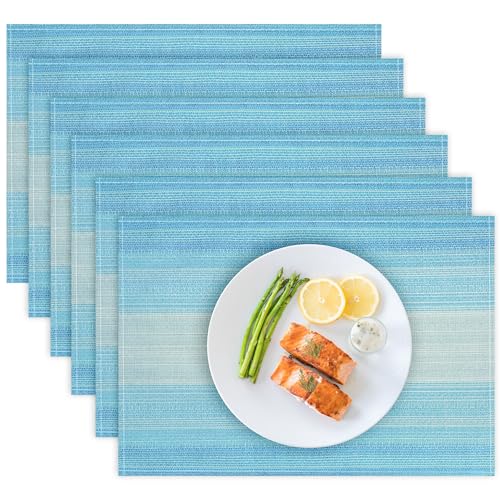 Bloss Blue Placemats Set of 6, Linen Woven Place Mats for Kitchen Table Indoor/Outdoor, 12" x 18" Washable Gradient Blue Placemat Dining Table Mats - color: Gradient Blue, size: 12" x 18" / 6 PCS