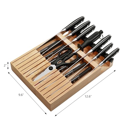 Knife Set with Block, N NOBLE FAMILY 16Pcs Kitchen Knives Drawer Organizer Set with Sharpener, Cutting Board, Anti-Slip Chef Knives Set with 6Pcs Steak Knives, Black - color: Black