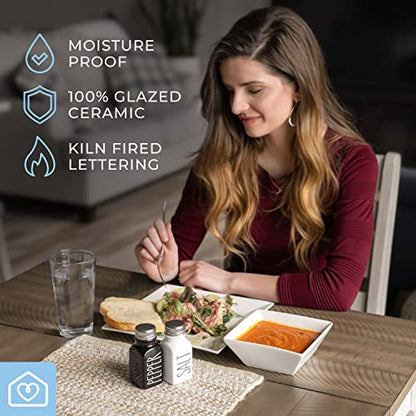Farmhouse Ceramic Salt and Pepper Shakers Set with Extra Lids. 100% Stoneware Salt and Pepper Shaker Set. Black Pepper and White Salt Shaker with Lid x4. Kitchen Salt Pepper Shakers - color: White/Black