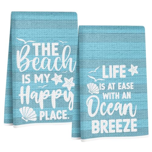 Jztco 2 Pcs Beach Coastal Kitchen Towels, Coastal Beach Gifts for Women Mom | Beach Reusable Hand Tea Towel, Microfiber Dish Cloths for Drying Dishes, Waffle Dish Towels for Bathroom Kitchen Decor - color: Multi 1490